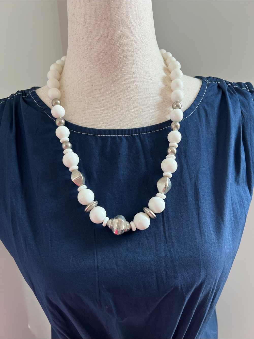 White Beaded 11.5” Necklace with Silver Accents - Elegant Women's Jewelry